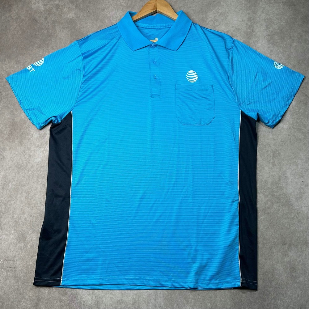 AT&T Mens Dry-Fit Polo Shirt 2XL Blue Navy Micro Stripe Short Sleeve Logo Pocket
